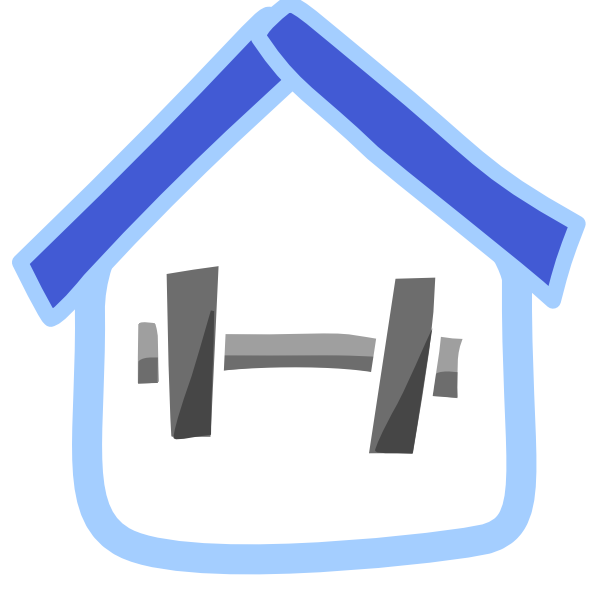 A grey dumbbell sits inside a blue house-shaped frame with thick roof. The image has light line art.